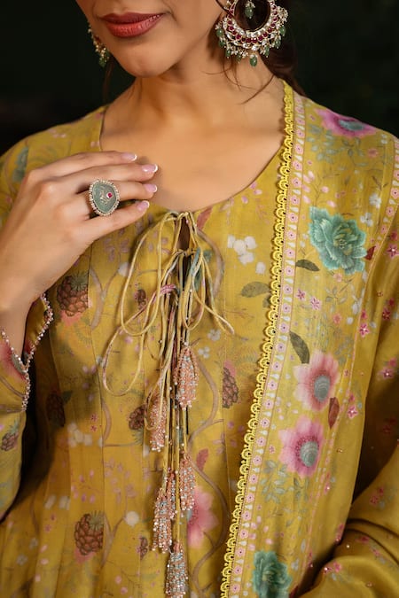 Label Niti Bothra_Yellow Silk, Chanderi Beads Round Neck Floral Print Anarkali Pant Set _at_Aza_Fashions