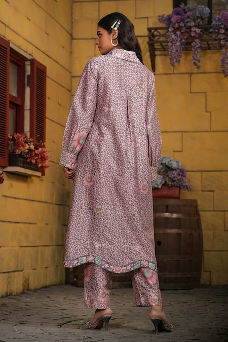 Shop_Label Niti Bothra_Purple Silk, Chanderi Embroidery Collared Miniature Floral Print Kurta With Pant _at_Aza_Fashions