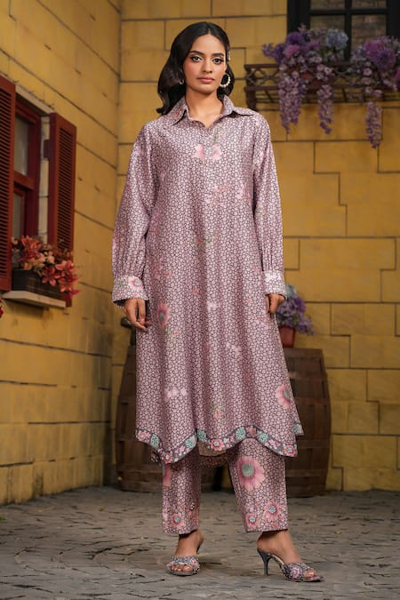 Label Niti Bothra_Purple Silk, Chanderi Embroidery Collared Miniature Floral Print Kurta With Pant _Online_at_Aza_Fashions