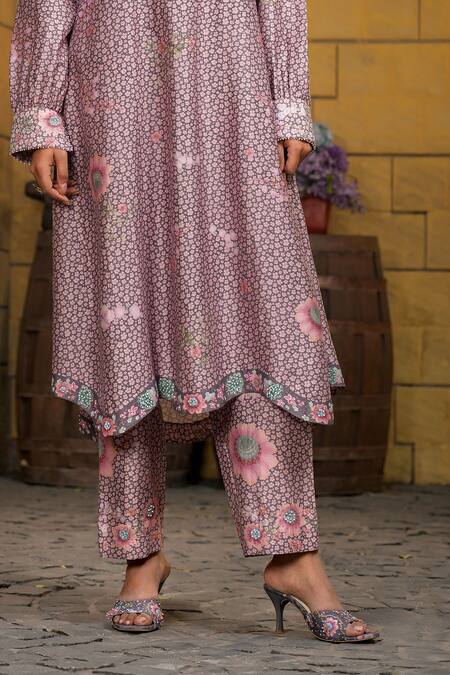 Buy Label Niti Bothra Purple Silk, Chanderi Embroidery Collared Miniature Floral Print Kurta With Pant Online at Aza Fashions Buy_Label Niti Bothra_Purple Silk, Chanderi Embroidery Collared Miniature Floral Print Kurta With Pant _Online_at_Aza_Fashions