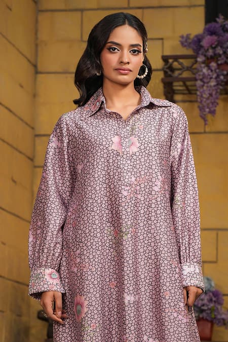 Shop Label Niti Bothra Purple Silk, Chanderi Embroidery Collared Miniature Floral Print Kurta With Pant Online at Aza Fashions Shop_Label Niti Bothra_Purple Silk, Chanderi Embroidery Collared Miniature Floral Print Kurta With Pant _Online_at_Aza_Fashions