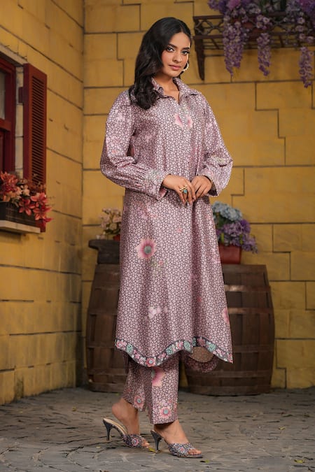Label Niti Bothra_Purple Silk, Chanderi Embroidery Collared Miniature Floral Print Kurta With Pant _at_Aza_Fashions