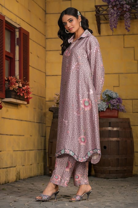 Buy_Label Niti Bothra_Purple Silk, Chanderi Embroidery Collared Miniature Floral Print Kurta With Pant 