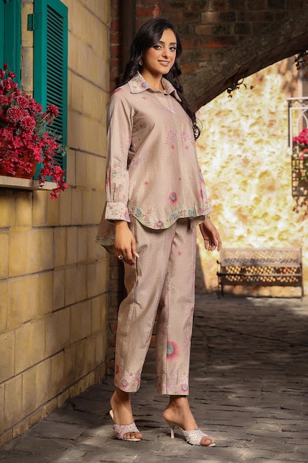 Shop_Label Niti Bothra_Green Silk, Chanderi Embroidery Collared Miniature Floral Print Shirt With Pant _at_Aza_Fashions