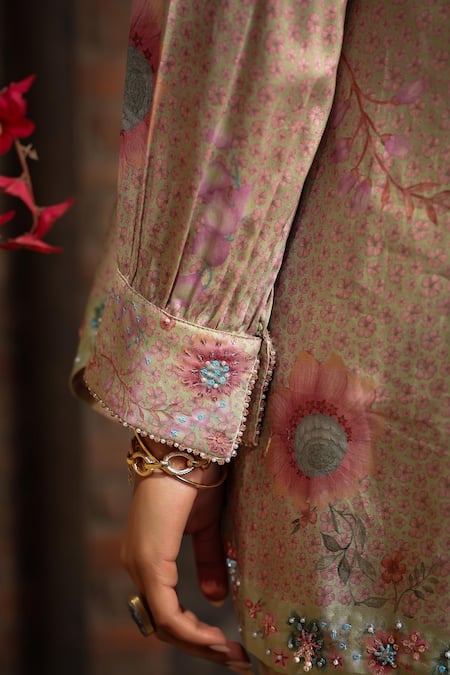 Label Niti Bothra_Green Silk, Chanderi Embroidery Collared Miniature Floral Print Shirt With Pant _Online_at_Aza_Fashions