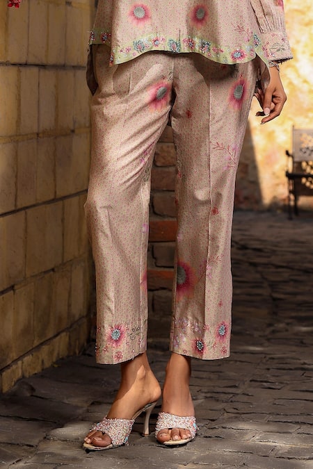 Shop Label Niti Bothra Green Silk, Chanderi Embroidery Collared Miniature Floral Print Shirt With Pant Online at Aza Fashions Shop_Label Niti Bothra_Green Silk, Chanderi Embroidery Collared Miniature Floral Print Shirt With Pant _Online_at_Aza_Fashions