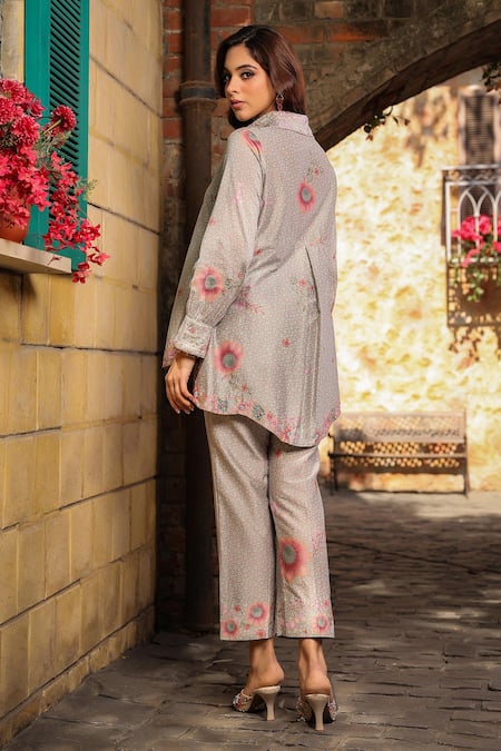 Shop_Label Niti Bothra_Pink Silk, Chanderi Embroidery Collared Mughal Floral Print Shirt With Pant _at_Aza_Fashions