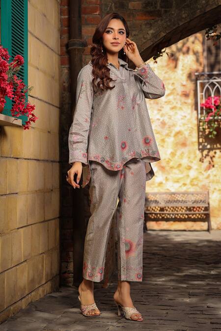 Label Niti Bothra_Pink Silk, Chanderi Embroidery Collared Mughal Floral Print Shirt With Pant _Online_at_Aza_Fashions