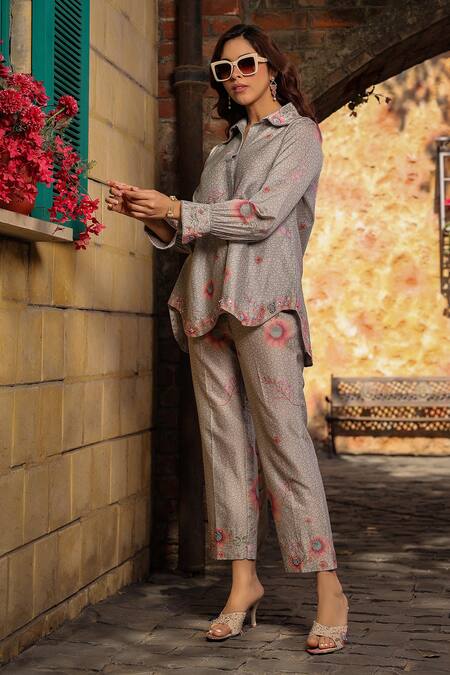 Buy_Label Niti Bothra_Pink Silk, Chanderi Embroidery Collared Mughal Floral Print Shirt With Pant _Online_at_Aza_Fashions