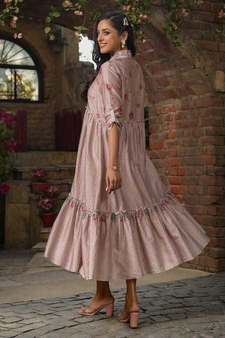 Shop_Label Niti Bothra_Ivory Silk, Chanderi Embroidery V-neck Mughal Floral Print Dress _at_Aza_Fashions