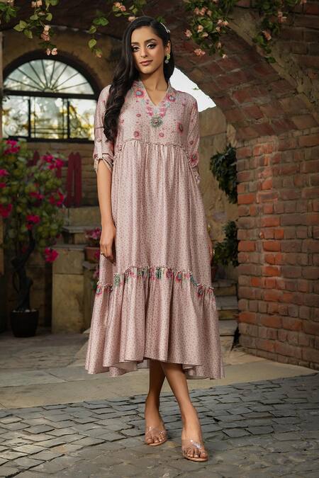 Label Niti Bothra_Ivory Silk, Chanderi Embroidery V-neck Mughal Floral Print Dress _Online_at_Aza_Fashions