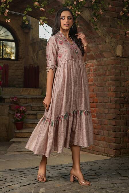 Shop_Label Niti Bothra_Ivory Silk, Chanderi Embroidery V-neck Mughal Floral Print Dress _Online_at_Aza_Fashions
