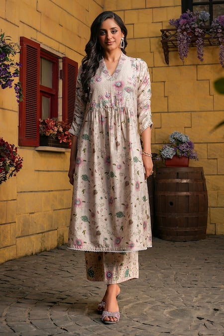 Label Niti Bothra Ivory Silk Chanderi Print Floral V Neck Mughal Vine Kurta With Pant 