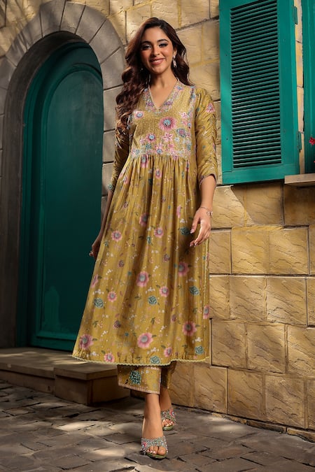 Shop_Label Niti Bothra_Yellow Silk, Chanderi Embroidery Floral Vine Print Pleated Kurta With Pant _at_Aza_Fashions