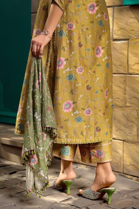 Label Niti Bothra_Yellow Silk, Chanderi Embroidery Floral Vine Print Pleated Kurta With Pant _Online_at_Aza_Fashions