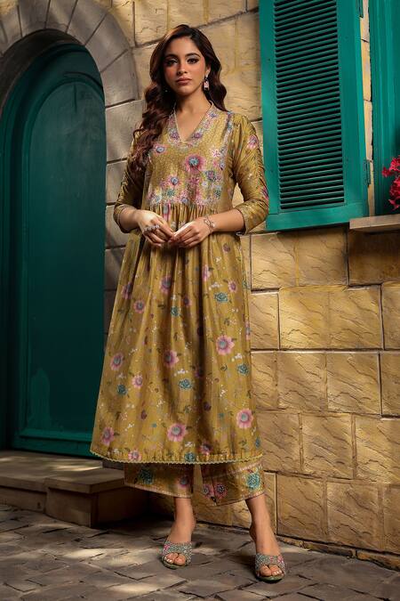Shop_Label Niti Bothra_Yellow Silk, Chanderi Embroidery Floral Vine Print Pleated Kurta With Pant _Online_at_Aza_Fashions
