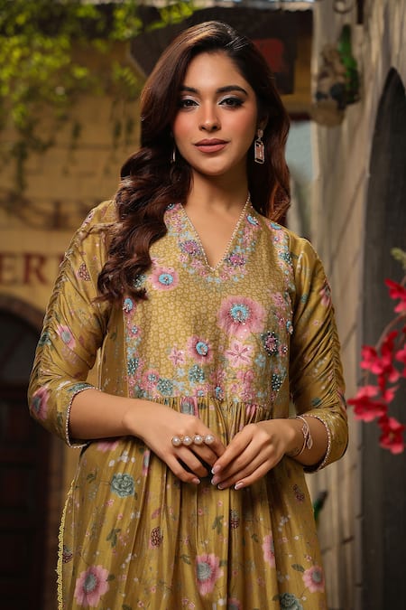 Label Niti Bothra_Yellow Silk, Chanderi Embroidery Floral Vine Print Pleated Kurta With Pant _at_Aza_Fashions