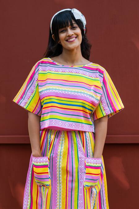 Prachi Kamat Multi Color Cotton, Linen Round Neck Portuguese Print Top With Skirt Online at Aza Fashions Prachi Kamat_Multi Color Cotton, Linen Round Neck Portuguese Print Top With Skirt _Online_at_Aza_Fashions