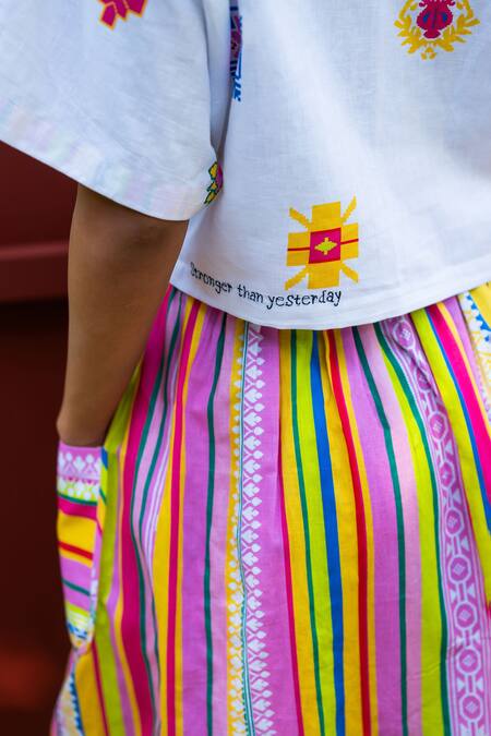 Buy_Prachi Kamat_Multi Color Cotton, Linen Round Neck Portuguese Print Top With Skirt _Online_at_Aza_Fashions