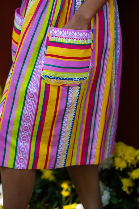 Prachi Kamat_Multi Color Cotton, Linen Round Neck Portuguese Print Top With Skirt _at_Aza_Fashions