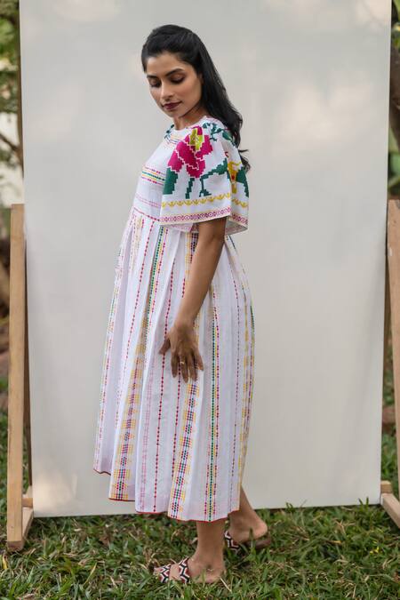 Shop_Prachi Kamat_White Cotton, Linen Embroidery Round Neck Portuguese Print Front Slit Midi Dress _Online_at_Aza_Fashions