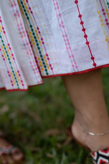 Prachi Kamat_White Cotton, Linen Embroidery Round Neck Portuguese Print Front Slit Midi Dress _at_Aza_Fashions