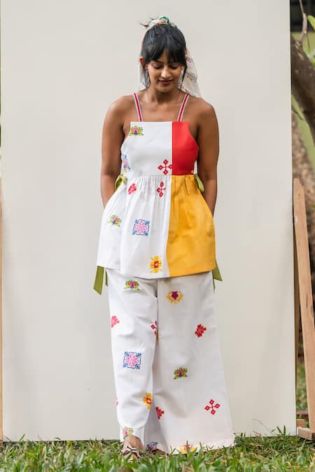 Prachi Kamat_Red Cotton, Linen Embroidery Square Neck Portuguese Motif Print Top With Pant _Online_at_Aza_Fashions