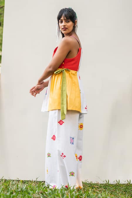 Buy_Prachi Kamat_Red Cotton, Linen Embroidery Square Neck Portuguese Motif Print Top With Pant _Online_at_Aza_Fashions