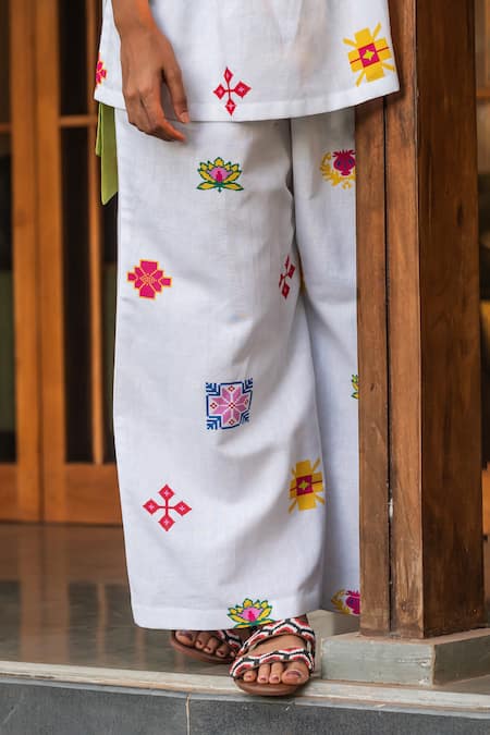 Prachi Kamat_Red Cotton, Linen Embroidery Square Neck Portuguese Motif Print Top With Pant _at_Aza_Fashions