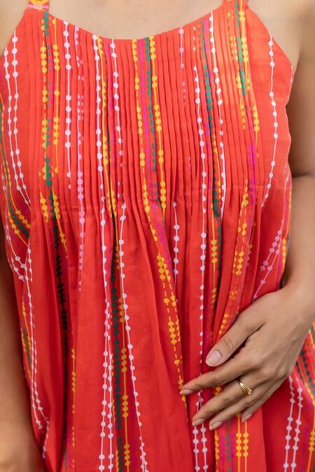 Prachi Kamat_Orange Cotton, Linen Round Neck Portuguese Folk Print Maxi Dress _Online_at_Aza_Fashions