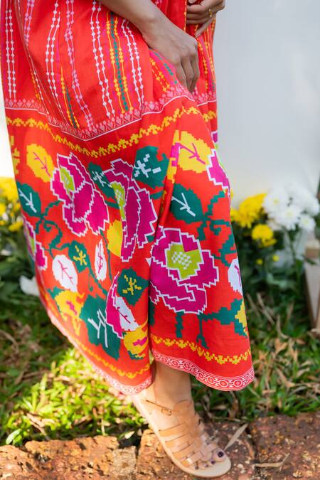 Buy_Prachi Kamat_Orange Cotton, Linen Round Neck Portuguese Folk Print Maxi Dress _Online_at_Aza_Fashions
