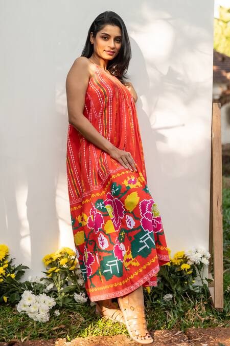 Shop_Prachi Kamat_Orange Cotton, Linen Round Neck Portuguese Folk Print Maxi Dress _Online_at_Aza_Fashions