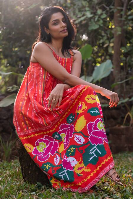 Prachi Kamat_Orange Cotton, Linen Round Neck Portuguese Folk Print Maxi Dress _at_Aza_Fashions