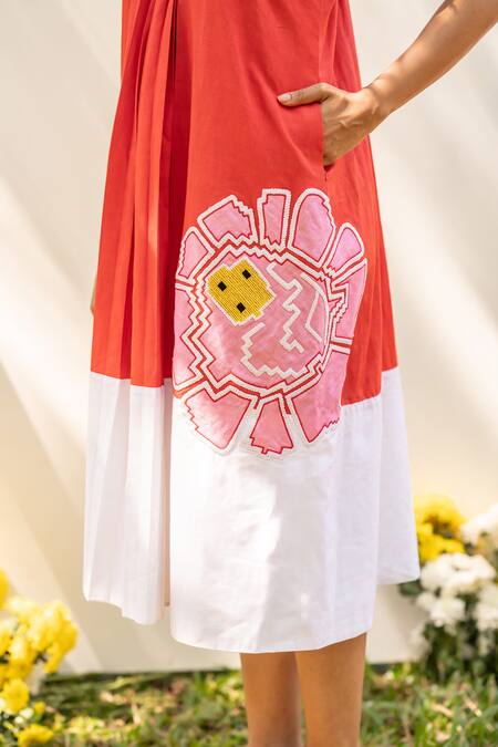 Buy_Prachi Kamat_Orange Cotton, Linen Patchwork Halter Neck Placement Floral Midi Dress _Online_at_Aza_Fashions