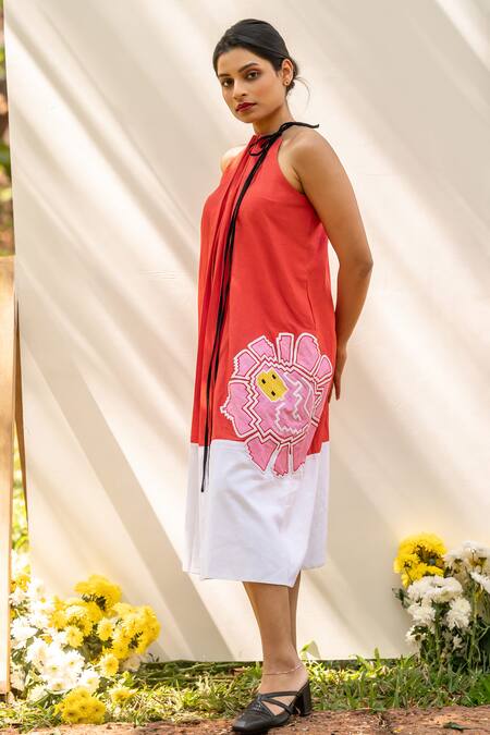 Shop_Prachi Kamat_Orange Cotton, Linen Patchwork Halter Neck Placement Floral Midi Dress _Online_at_Aza_Fashions