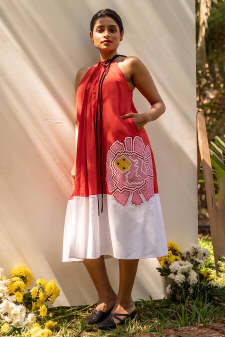 Prachi Kamat_Orange Cotton, Linen Patchwork Halter Neck Placement Floral Midi Dress _at_Aza_Fashions