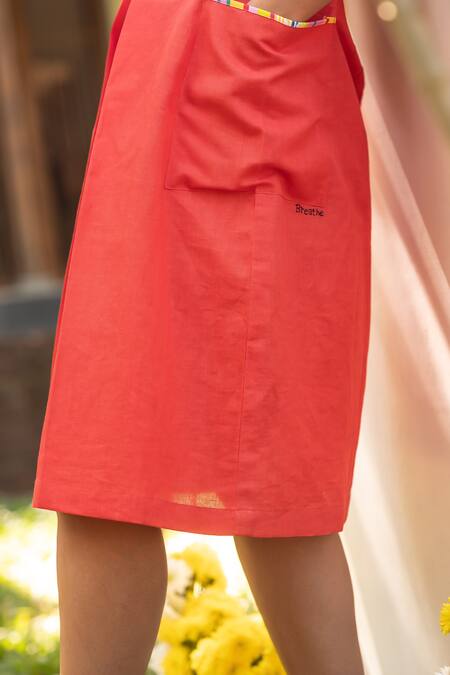 Shop_Prachi Kamat_Red Cotton, Linen Embroidery Round Neck Printed Midi Dress With Back Cutout _Online_at_Aza_Fashions