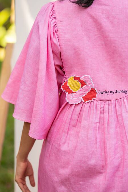 Shop_Prachi Kamat_Pink Cotton, Linen Embroidery, Patchwork Round Neck Geometric Short Dress _Online_at_Aza_Fashions