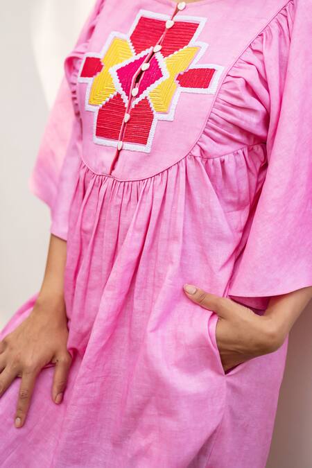 Prachi Kamat_Pink Cotton, Linen Embroidery, Patchwork Round Neck Geometric Short Dress _at_Aza_Fashions