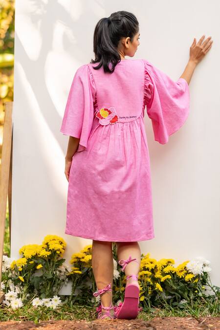 Prachi Kamat_Pink Cotton, Linen Embroidery, Patchwork Round Neck Geometric Short Dress _Online_at_Aza_Fashions
