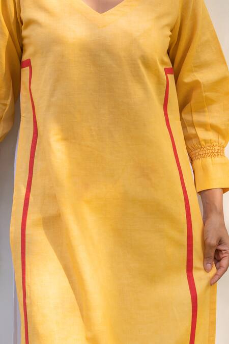 Shop_Prachi Kamat_Yellow Cotton, Linen Patchwork Round Neck Straight Kurta With Printed Pant _Online_at_Aza_Fashions