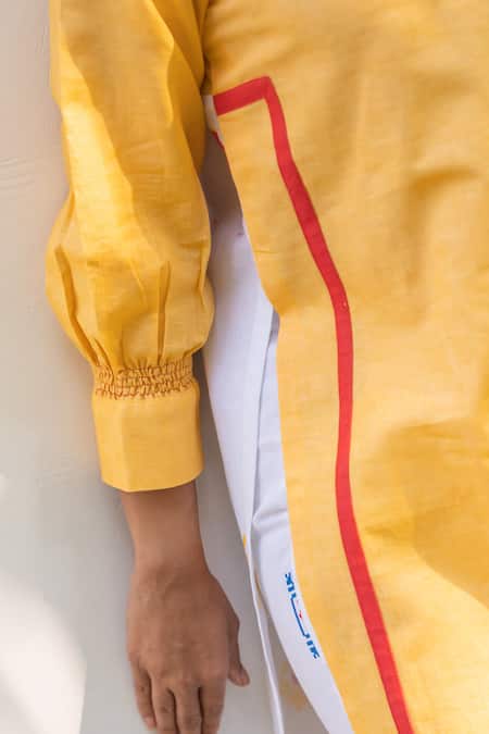 Prachi Kamat_Yellow Cotton, Linen Patchwork Round Neck Straight Kurta With Printed Pant _at_Aza_Fashions