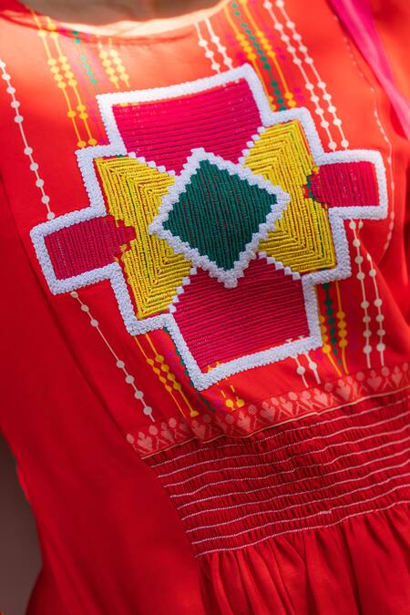 Prachi Kamat_Orange Chanderi, Muslin Embroidery Round Neck Portuguese Folk Anarkali Pant Set _Online_at_Aza_Fashions