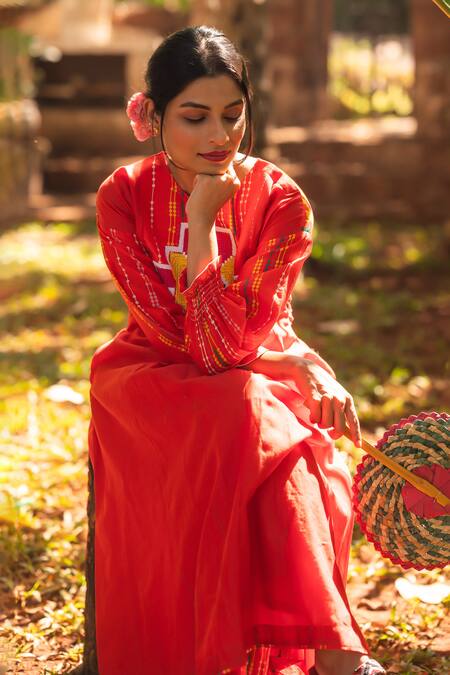 Buy_Prachi Kamat_Orange Chanderi, Muslin Embroidery Round Neck Portuguese Folk Anarkali Pant Set _Online_at_Aza_Fashions