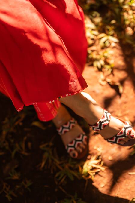 Shop_Prachi Kamat_Orange Chanderi, Muslin Embroidery Round Neck Portuguese Folk Anarkali Pant Set _Online_at_Aza_Fashions