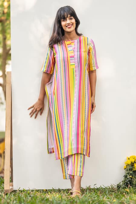 Shop_Prachi Kamat_Multi Color Chanderi Embroidery Portuguese Folk Print Kurta Set With Jacket _Online_at_Aza_Fashions