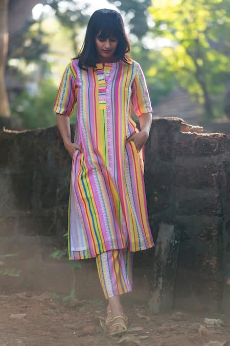 Shop_Prachi Kamat_Multi Color Chanderi Embroidery Portuguese Folk Print Kurta Set With Jacket 