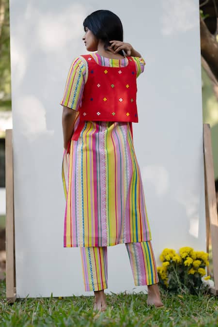 Shop_Prachi Kamat_Multi Color Chanderi Embroidery Portuguese Folk Print Kurta Set With Jacket _at_Aza_Fashions