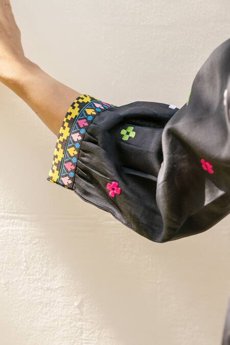 Shop_Prachi Kamat_Black Chanderi Embroidery Round Neck Portuguese Print Straight Kurta Pant Set _Online_at_Aza_Fashions