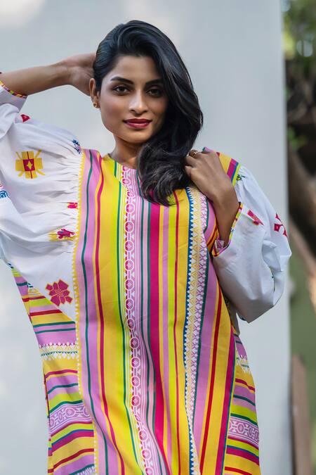Shop_Prachi Kamat_Multi Color Cotton, Linen Embroidery Portuguese Folk Print Kurta And Pant Set _Online_at_Aza_Fashions